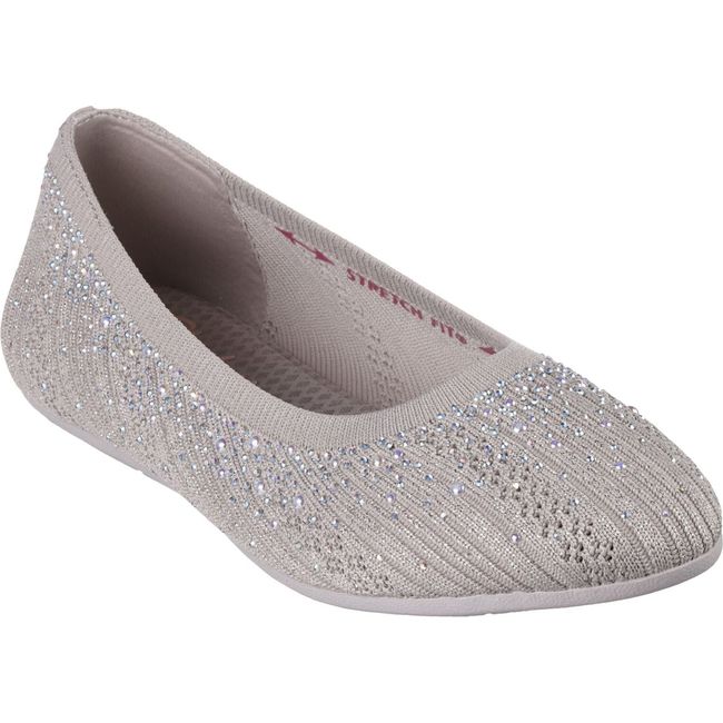 Front angled view of Women's Skechers Cleo 2.0 Glitzy Daze Flat in taupe with rhinestones