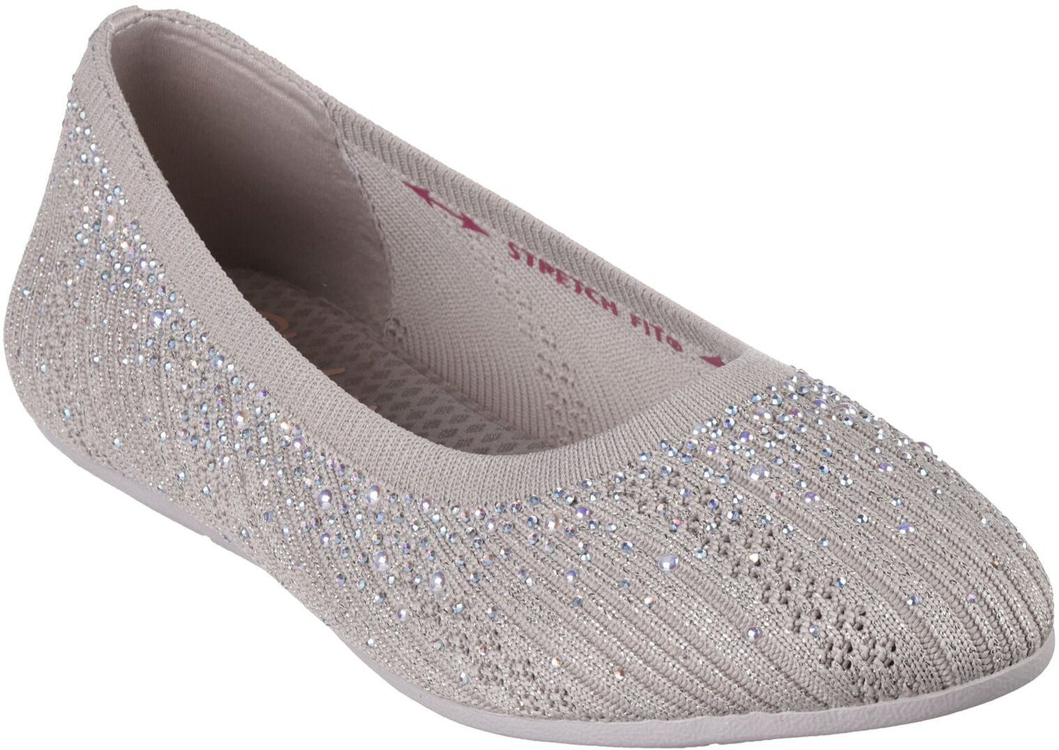 Front angled view of Women's Skechers Cleo 2.0 Glitzy Daze Flat in taupe with rhinestones