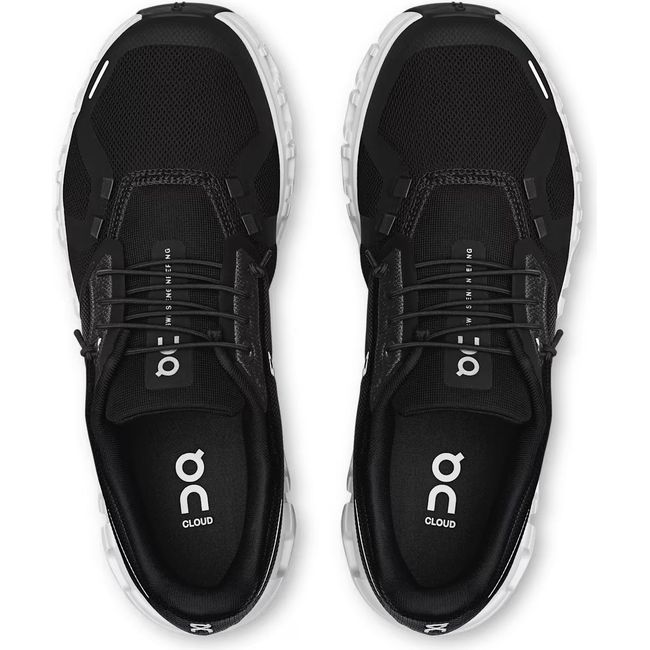 Top down view of On Running Women's Cloud 6 Running Shoe in black and white