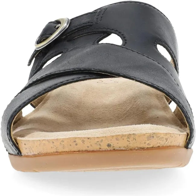 Dansko Regan slide sandal in black leather, front view