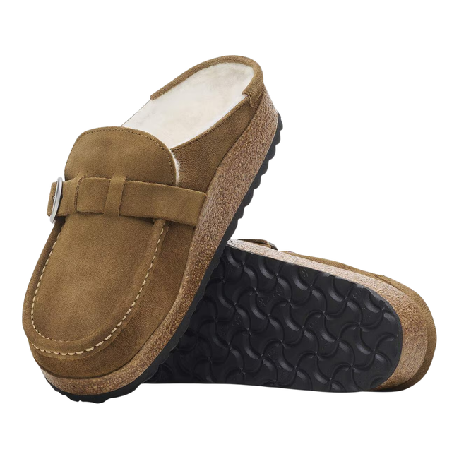 Top and Sole Birkenstock Women's Buckley Shearling Clog in Dark Tea