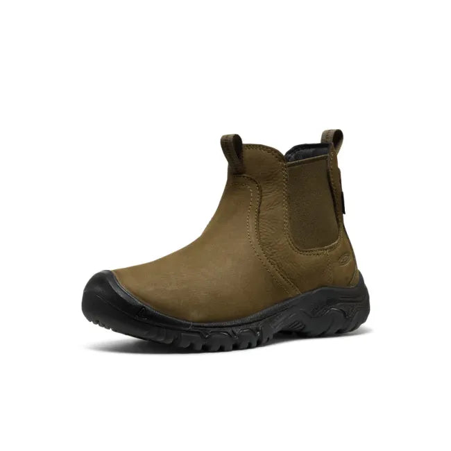 Front angled view of Keen Women's Greta II Waterproof Chelsea Boot in Dark Olive Black