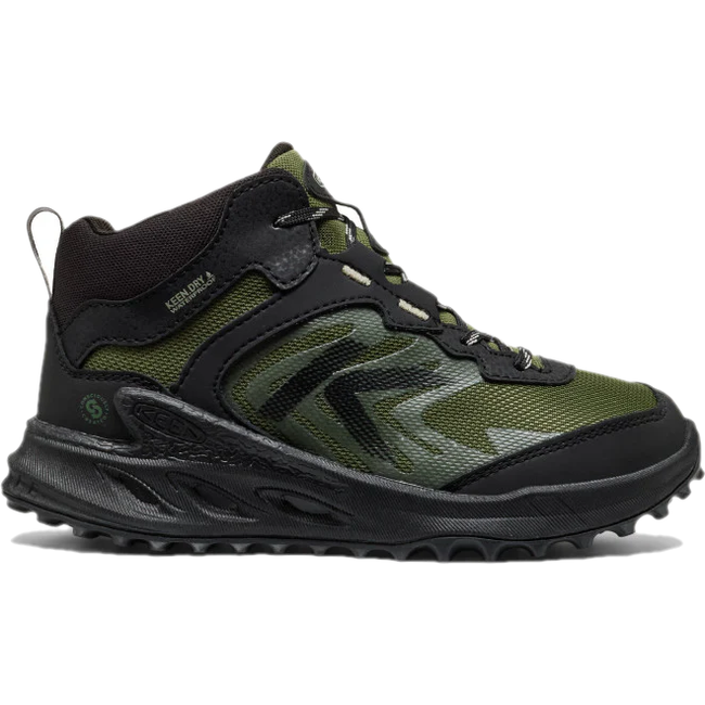 Lateral side of KEEN Kids' Zionic Waterproof Hiking Boot in Black & Bronze Green