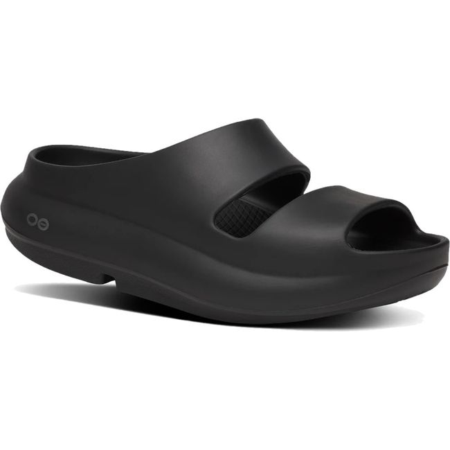 Front angled view of Women's OOfos OOyea Slide Sandal in Black