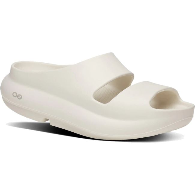 Front angled view of Women's OOfos OOyea Slide Sandal in Chalk off white