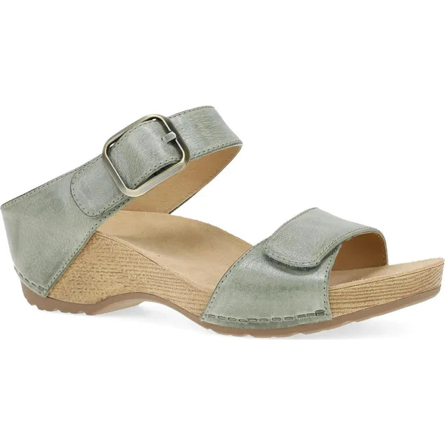 Lateral side of Women's Dansko Tanya Sandal in Sage Milled Burnished with two velcro straps