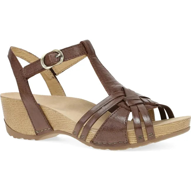 Lateral side of Women's Dansko Tia Sandal in Brown Milled Burnished with velcro strap