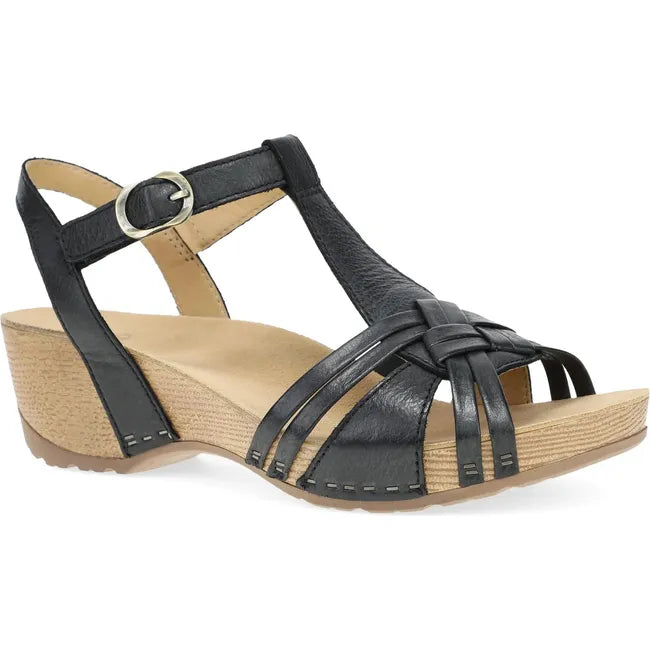 Lateral side of Women's Dansko Tia Sandal in Black Milled Burnished with velcro strap