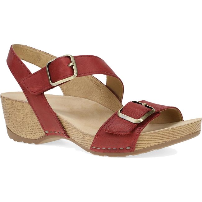 Lateral side of Women's Dansko Trinity Sandal in Cayenne Burnished Nubuck with a backstrap