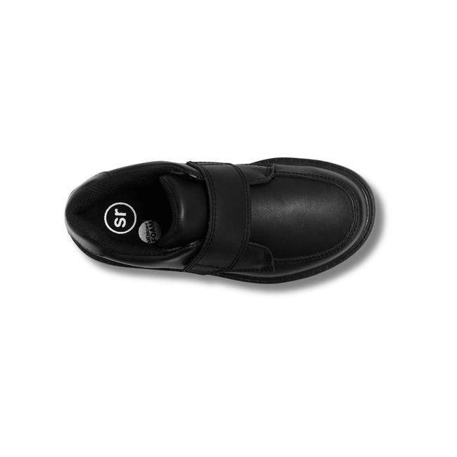 Top of Stride Rite Kids' Laurence Loafer in Black Leather with a velcro strap
