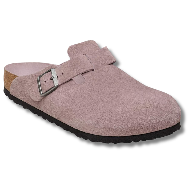 Angled side of Birkenstock Women's Boston Soft Footbed Suede Clog in Faded Purple
