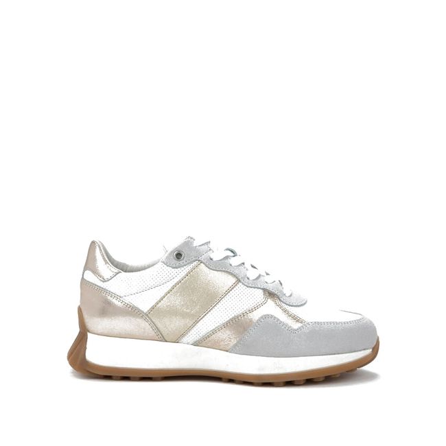 Side of Naot Women's Sunset Sneaker in White/Gold/Rose Gold Combo
