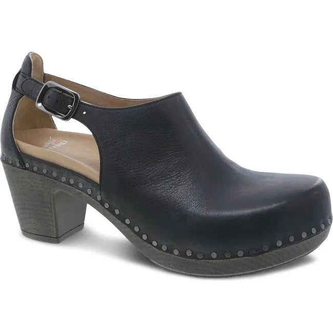 Front angled view of Women's Dansko Sassy Closed Toe Heel in black leather with 2 inch heel
