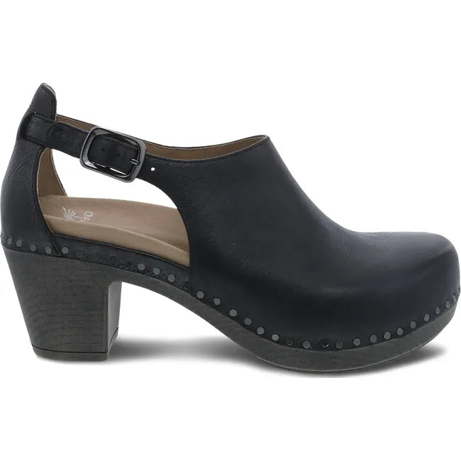 Lateral side of Women's Dansko Sassy Closed Toe Heel in black leather with 2 inch heel