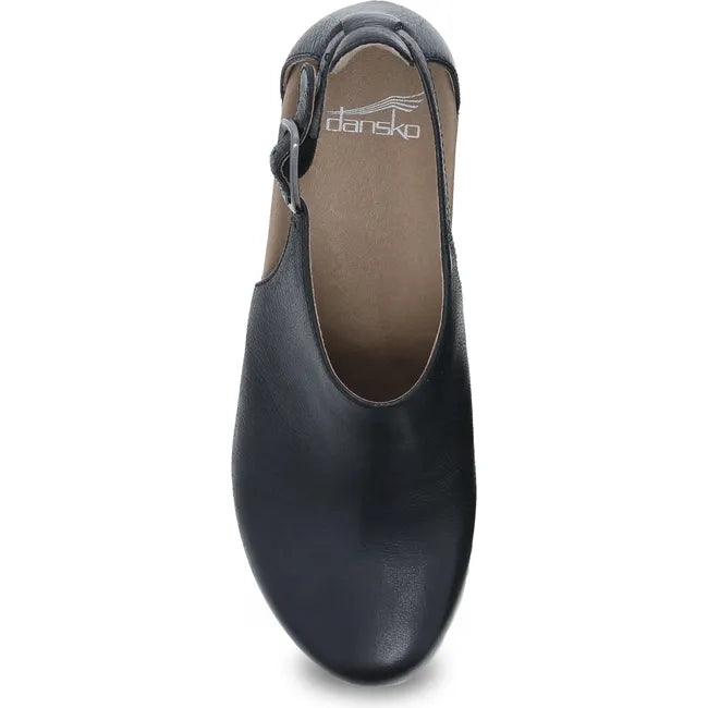 Top down view of Women's Dansko Sassy Closed Toe Heel in black leather with 2 inch heel