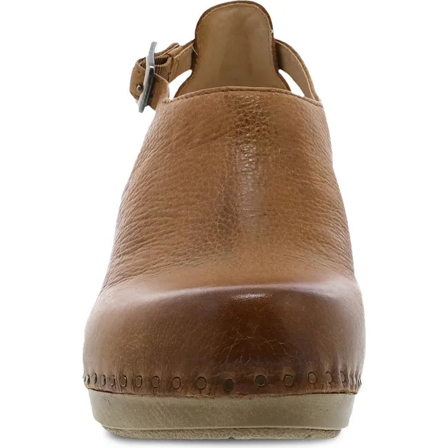 Front of Women's Dansko Sassy Closed Toe Heel in tan leather with 2 inch heel