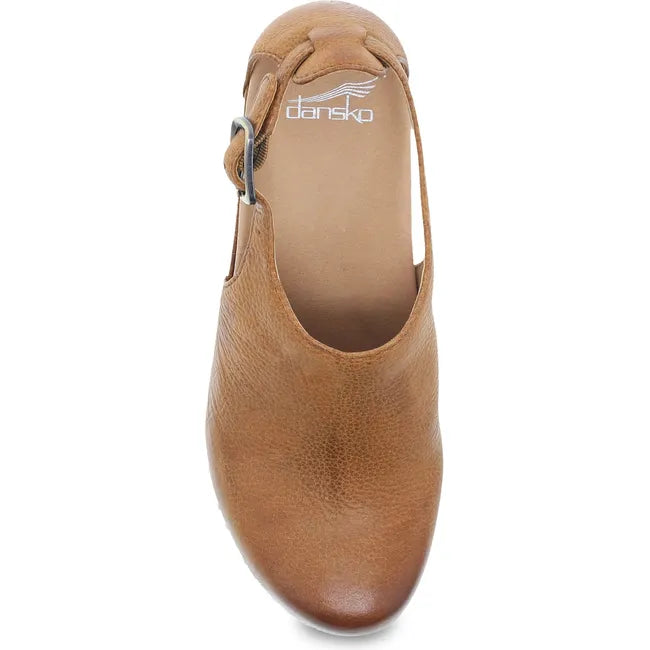 Top down view of Women's Dansko Sassy Closed Toe Heel in tan leather with adjustable backstrap