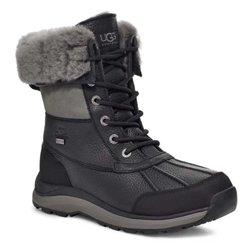 Front angled of Women's Ugg Adirondack Boot III Waterproof leather in black and grey. Lace closure