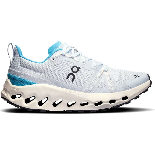 Lateral side of Women's On Running Cloudsurfer Trail Running Shoe in Arctic blue and Ivory