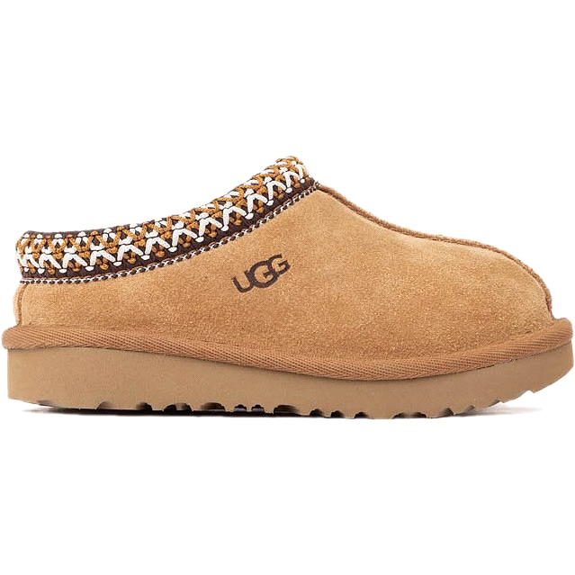 Side of UGG Toddler Tasman II Slipper in Chestnut Brown Suede