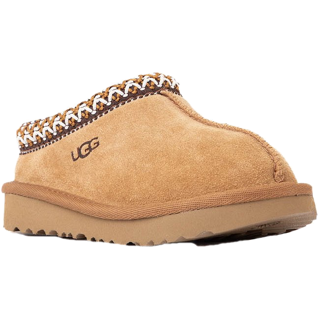 Angled side of UGG Toddler Tasman II Slipper in Chestnut Brown Suede
