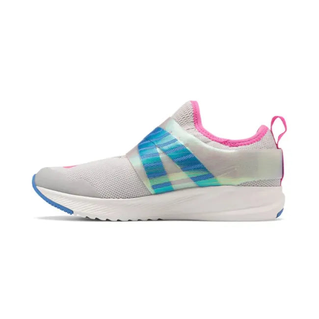 Medial side of New Balance Kids' FuelCore Reveal BOA Running Shoe in light aluminum, pink, and blue