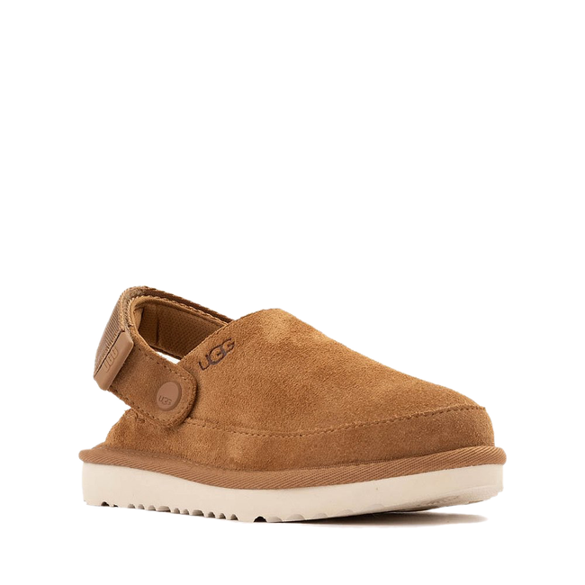Angled side of UGG Youth Goldenstar Clog in Chestnut Brown Suede