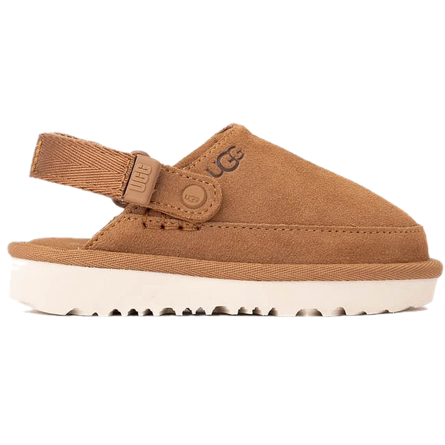 Side of UGG Kid&#39;s Goldenstar Clog in Chestnut Backstrap down