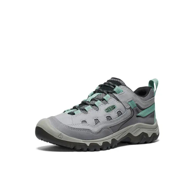Front angled view of Keen Women's Targhee IV Vented Hiking Shoe in Alloy Grey Granite Green