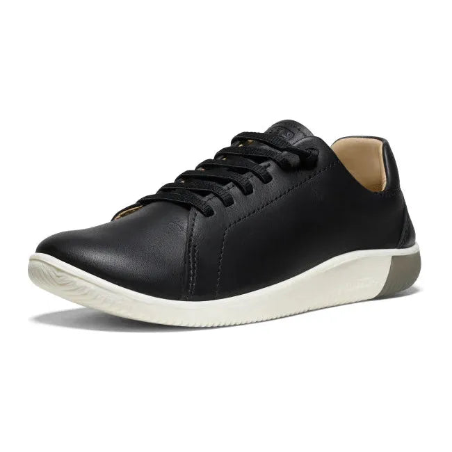 Front angled view of Women's Keen KNX Leather Sneaker in Black Star White colorway