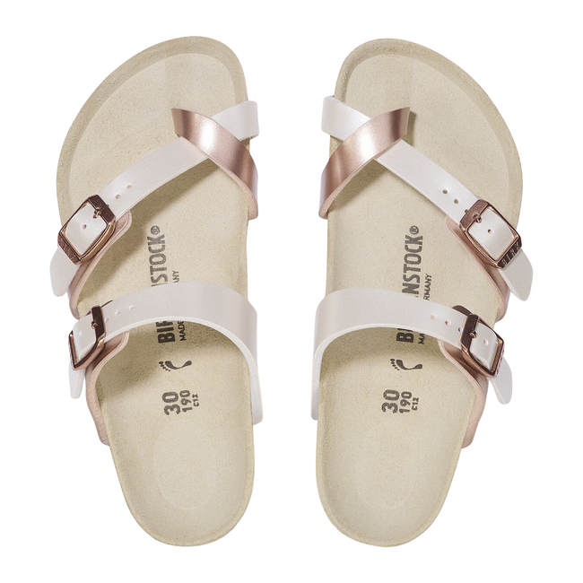 Tops of Birkenstock Kids' Mayari Sandal (Toddler/ Little Kid) in Pearl Copper