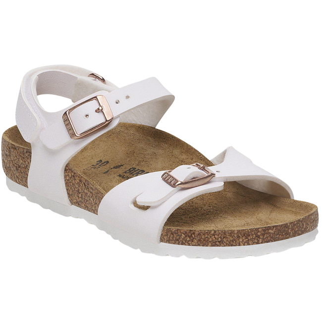 Angled side of Birkenstock kids' Rio AS Sandal (Toddler/ Little Kid) in White