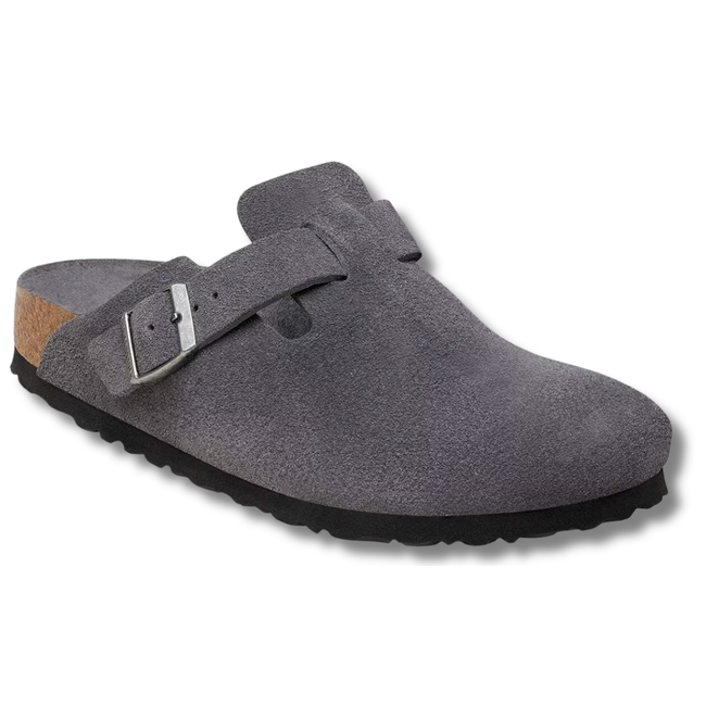 Angled side of Birkenstock Unisex Boston Soft Footbed Suede Clog in Charcoal