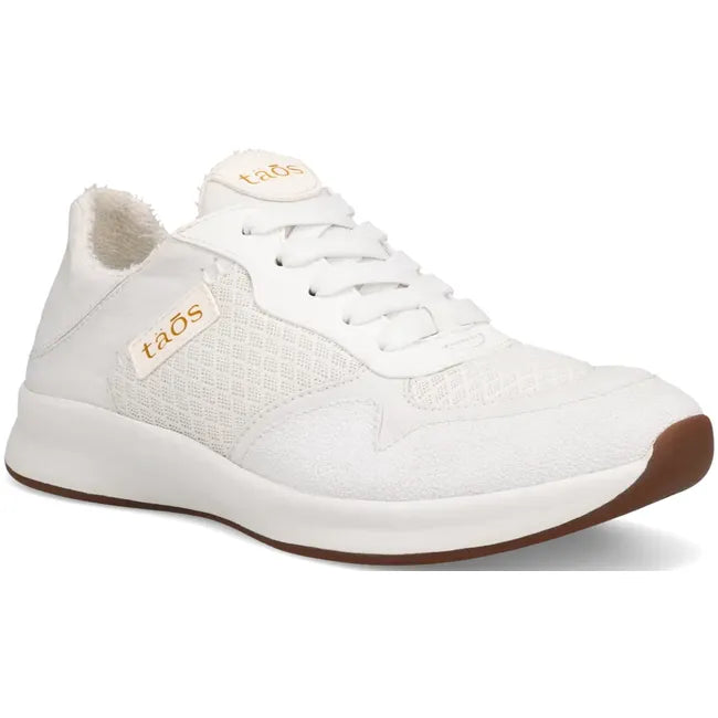 Front angled view of Women's Taos Direction Sneaker in all White 
