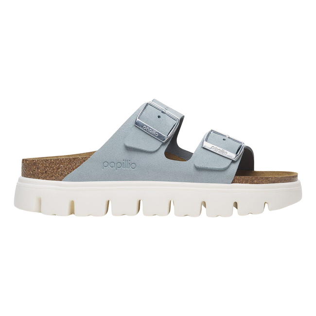 Side of Birkenstock Women's Arizona Chunky Sandal in Baby Blue Suede