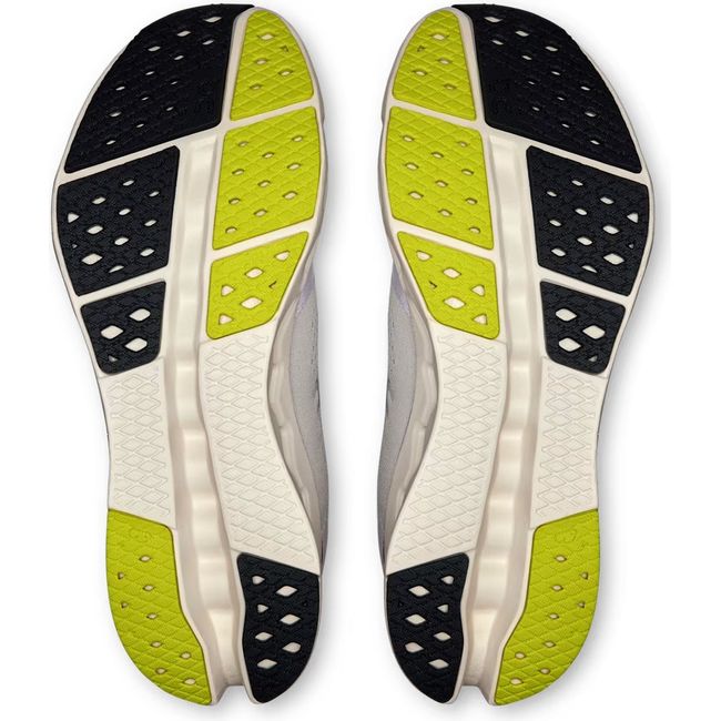 Soles of On Running Men's Cloudsurfer 2 Running Shoes in glacier grey with balck and yellow tread