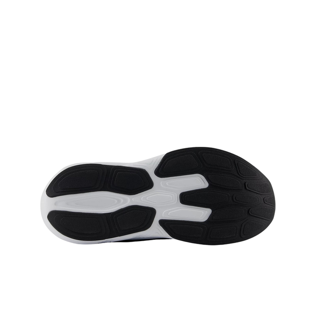 Sole view of Kids New Balance Fresh Foam 625 Running Shoe in black with a white sole and black tread