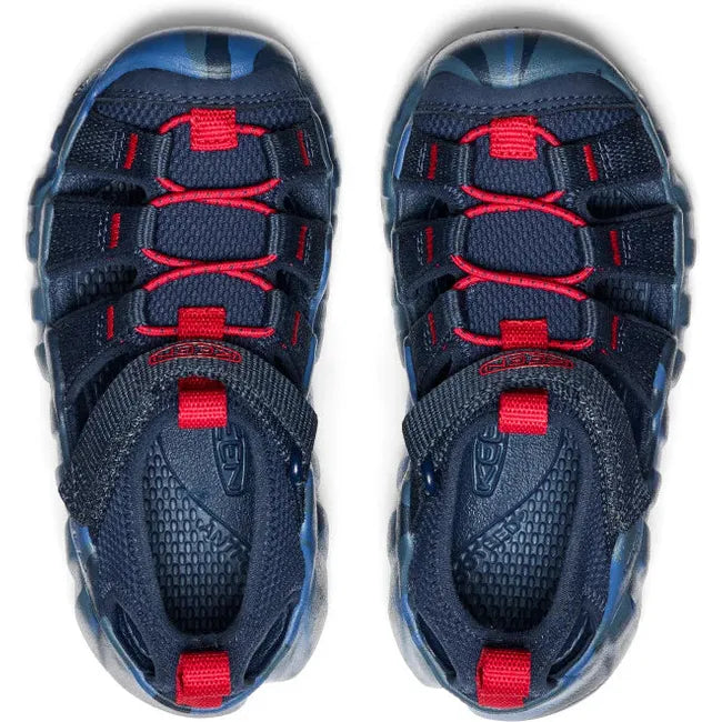 Upper of KEEN Kids' Hyperport H2 Sandal in Naval Academy Navy Blue and Red Carpet