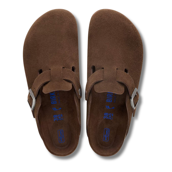 Top of paired Birkenstock Unisex Boston Soft Footbed Suede Clog in Carafe