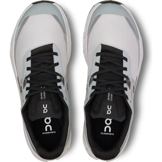 Top down view of On Running Women's Cloudvista 2 Trail Running Shoes in glacier and eclipse grey