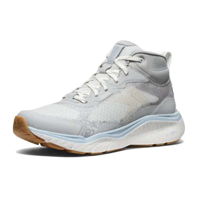 Front angled view of KEEN Women's Leiki Waterproof Hiking Boot in Vapor Skyway gray