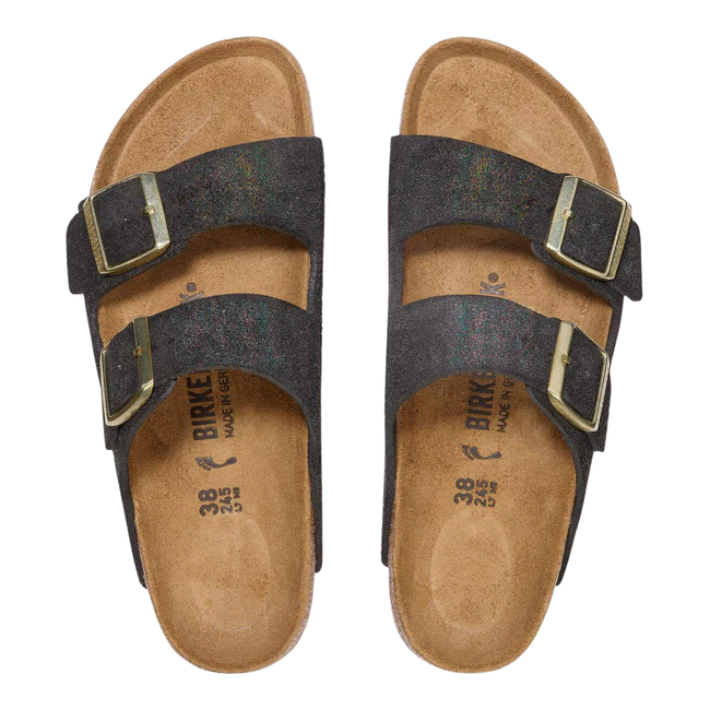 Tops of Birkenstock Women's Arizona Suede Sandal in Shimmering Black