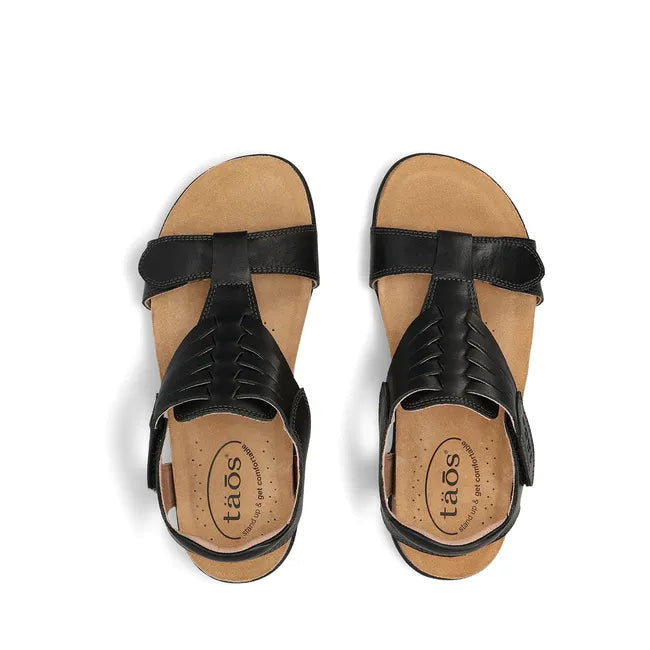 Upper of Women&#39;s Taos Wonderful Cork Support Sandals in black leather with velcro straps