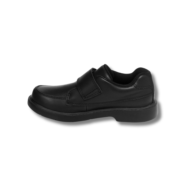 Medial side of Stride Rite Kids' Laurence Loafer in Black Leather with a velcro strap