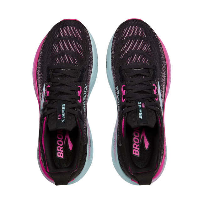 Tops of Brooks Women's Adrenaline GTS 25 Running Shoe in Black and Cyber Pink
