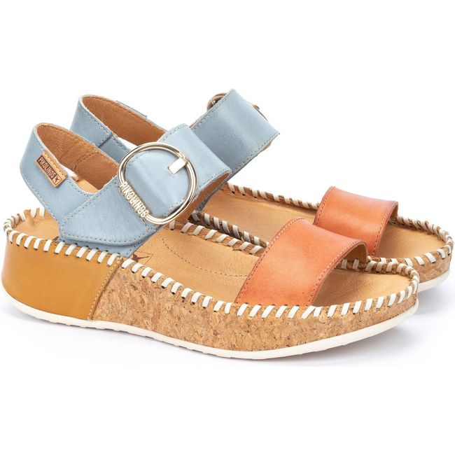 Front angled view of Women's Pikolinos Marina Wedge Sandals with blue and orange leather straps