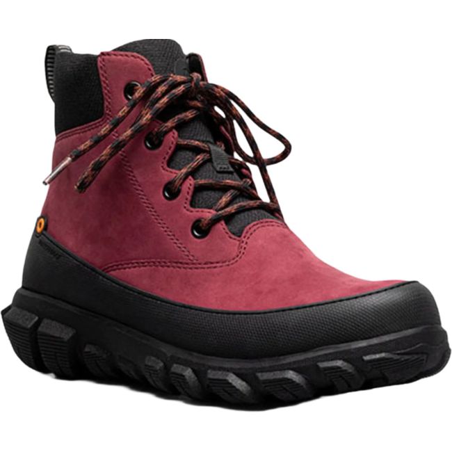 Front angled view of Women&#39;s Bogs Cedar Mid Waterproof Boot in Garnet red with a black sole