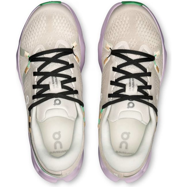 Top down view of Women's On Running Cloudsurfer 2 Running Shoes in Pearl Orchid beige and purple