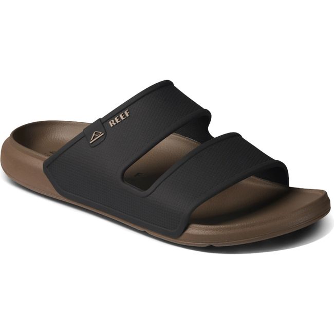 Front angled view of Men's Reef Oasis Double Up Slide Sandal in Fossil brown and Black