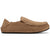 Lateral side of a tan nubuck Women's Olukai Nohea Slipper with white shearling inner lining